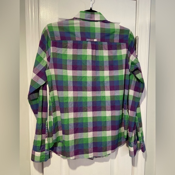 Eddie Bauer Size S Cotton Roll Tab Sleeve Button Down Shirt Green Purple Check - Picture 8 of 12